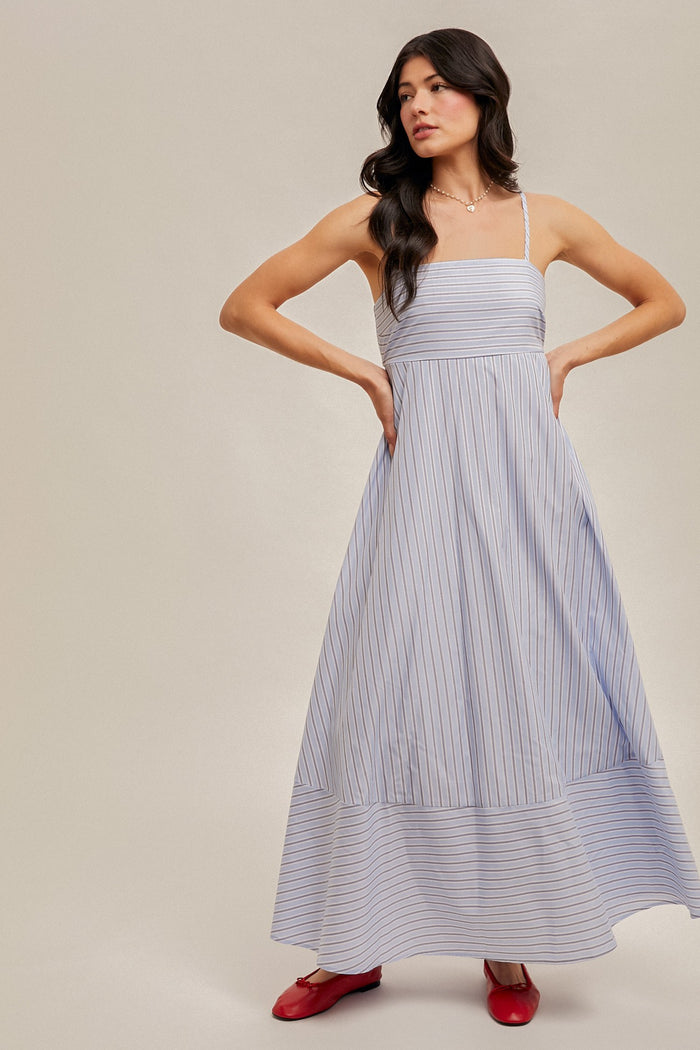 Light Blue Spaghetti Strap Stripe Maternity Maxi Dress