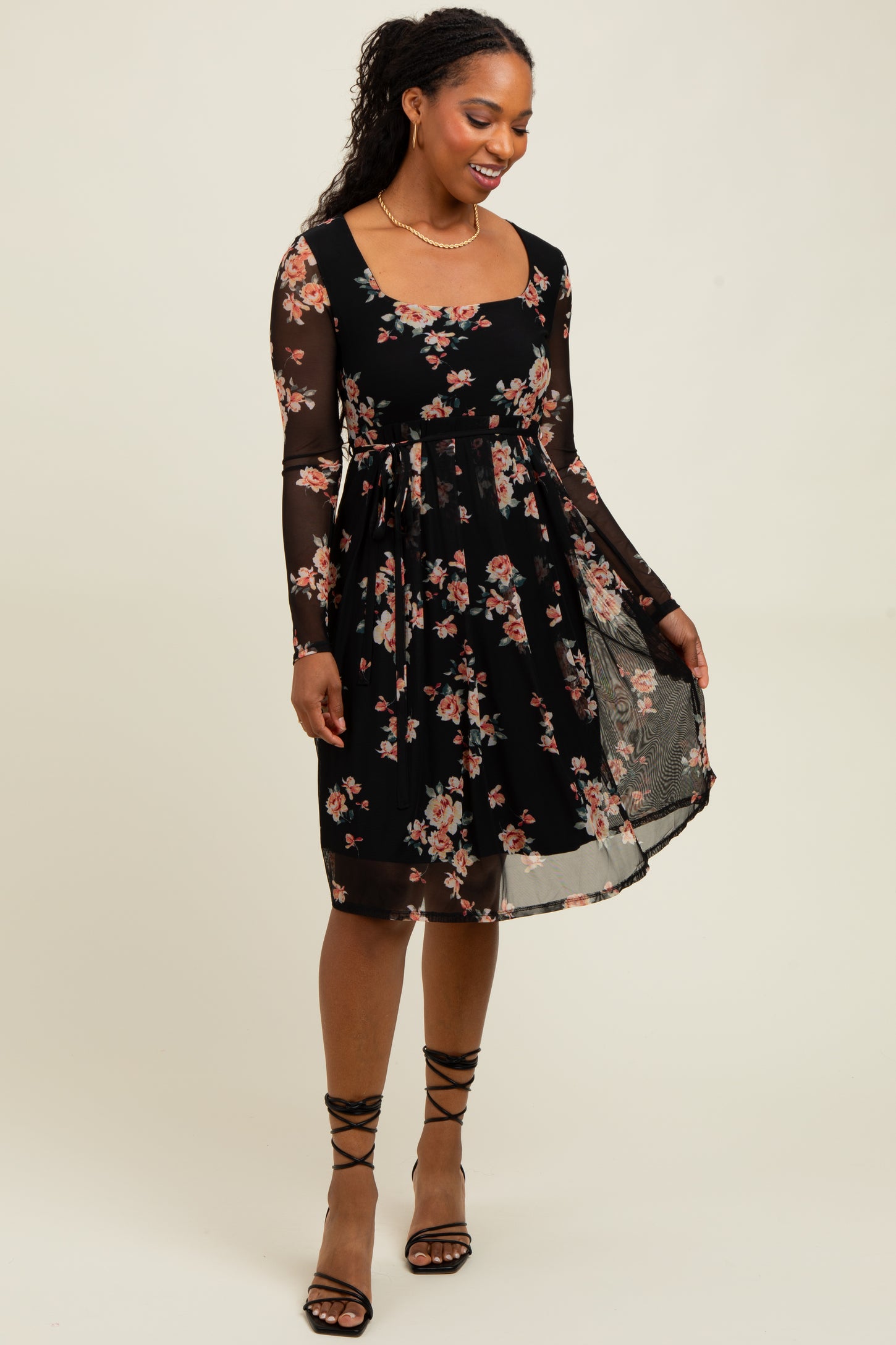 floral long sleeve square neck dress Black Floral Square Neck Long Sleeve Maternity Dress