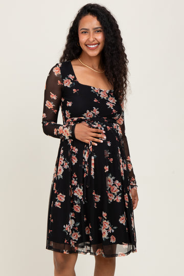 Black Floral Square Neck Long Sleeve Maternity Dress