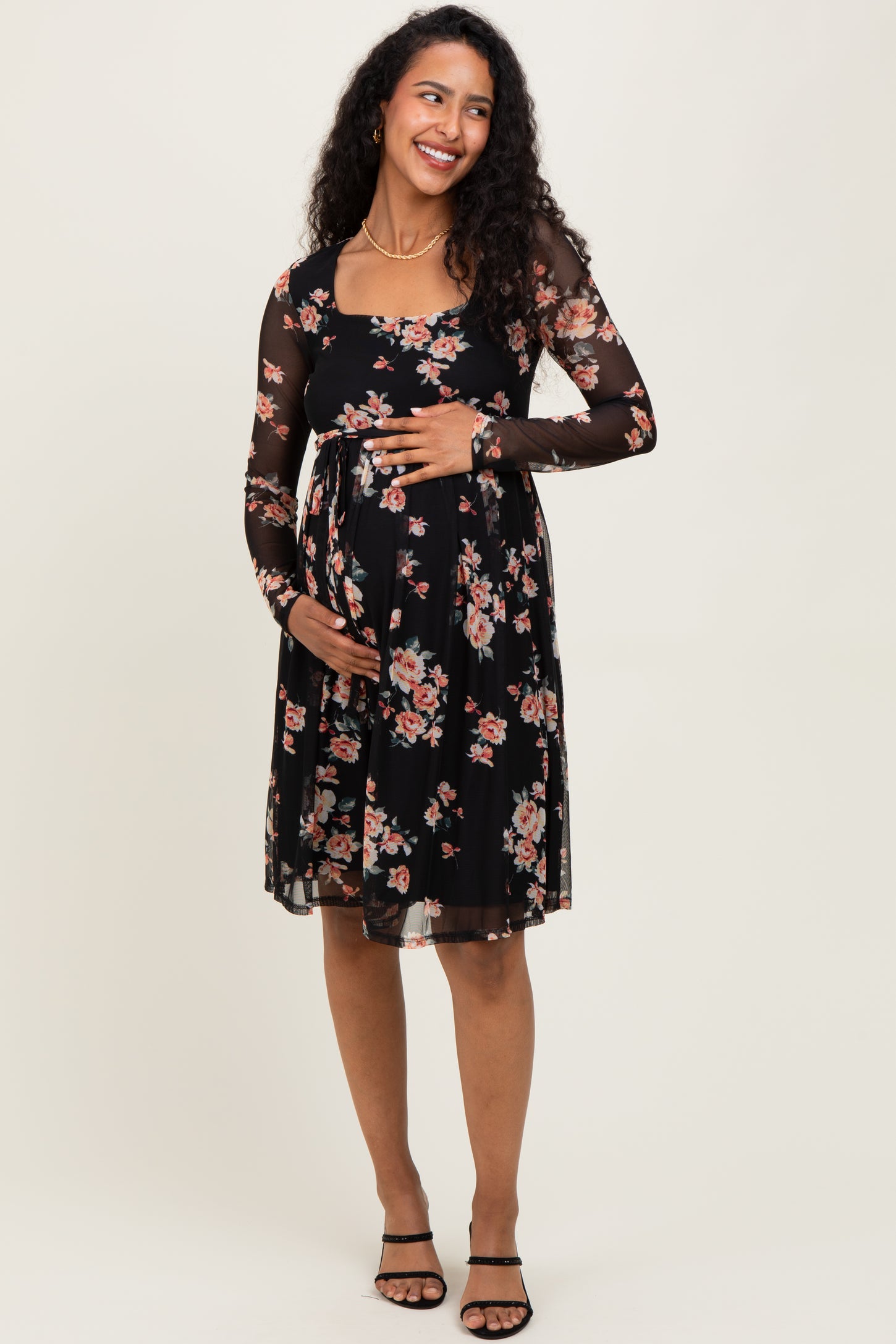 Black Floral Square Neck Long Sleeve Maternity Dress