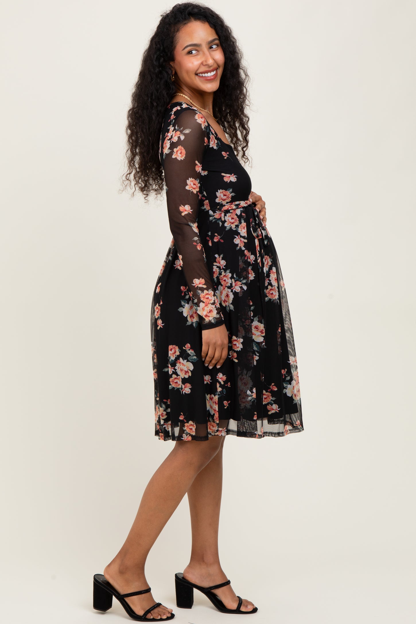 Black Floral Square Neck Long Sleeve Maternity Dress  PinkBlush