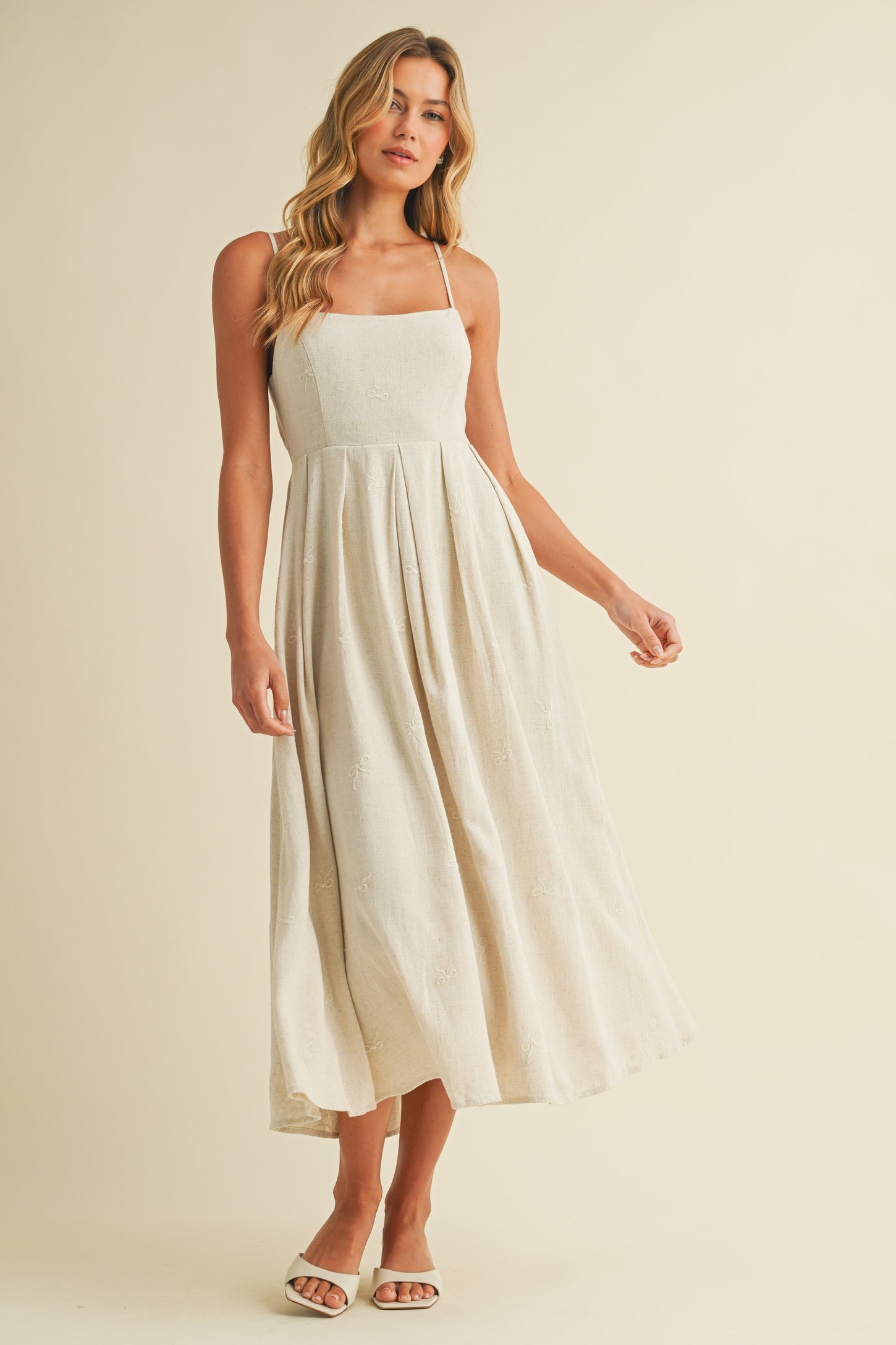 Beige Linen Ribbon Pattern Embroidered Midi Dress