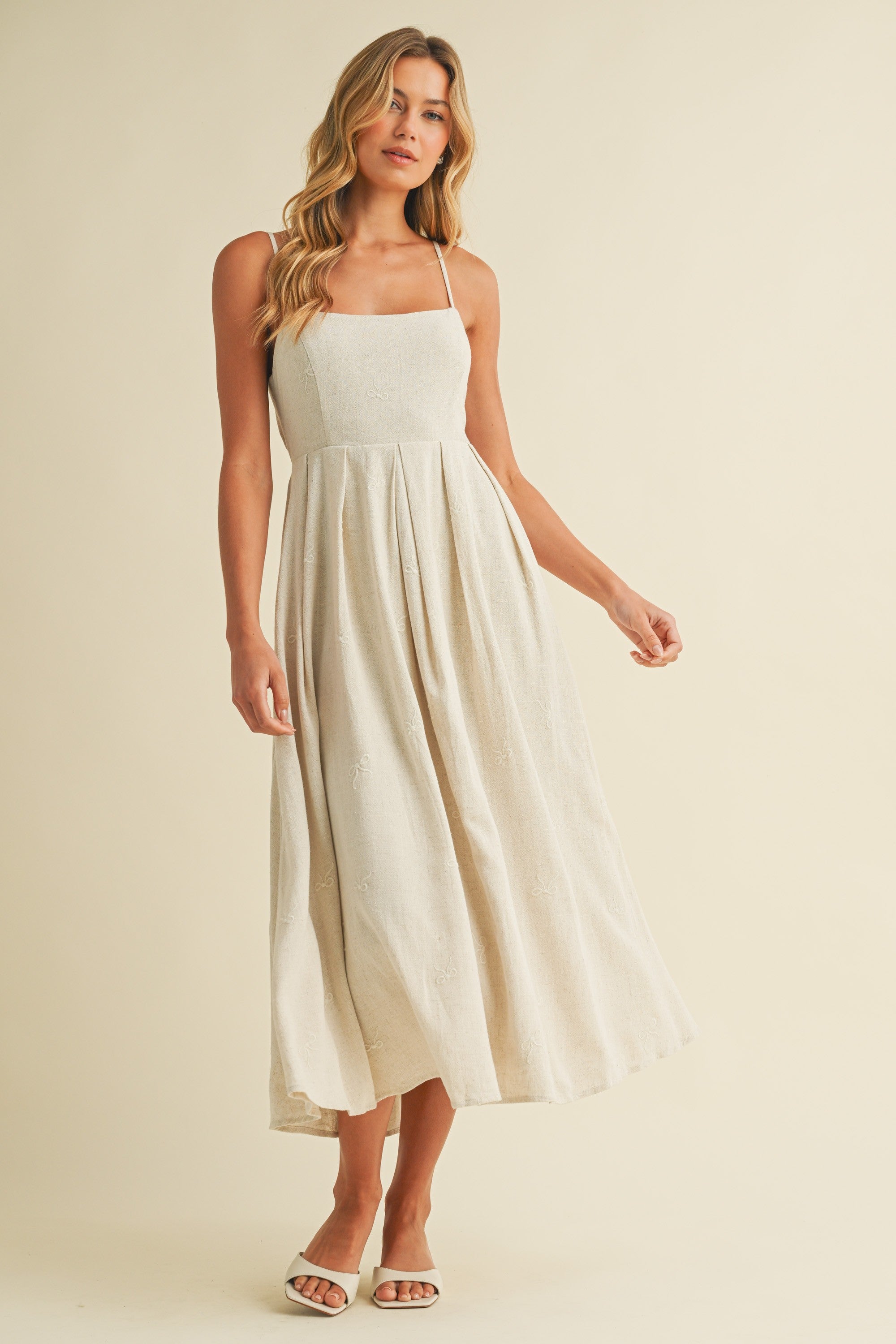 Beige Linen Ribbon Pattern Embroidered Midi Dress – PinkBlush