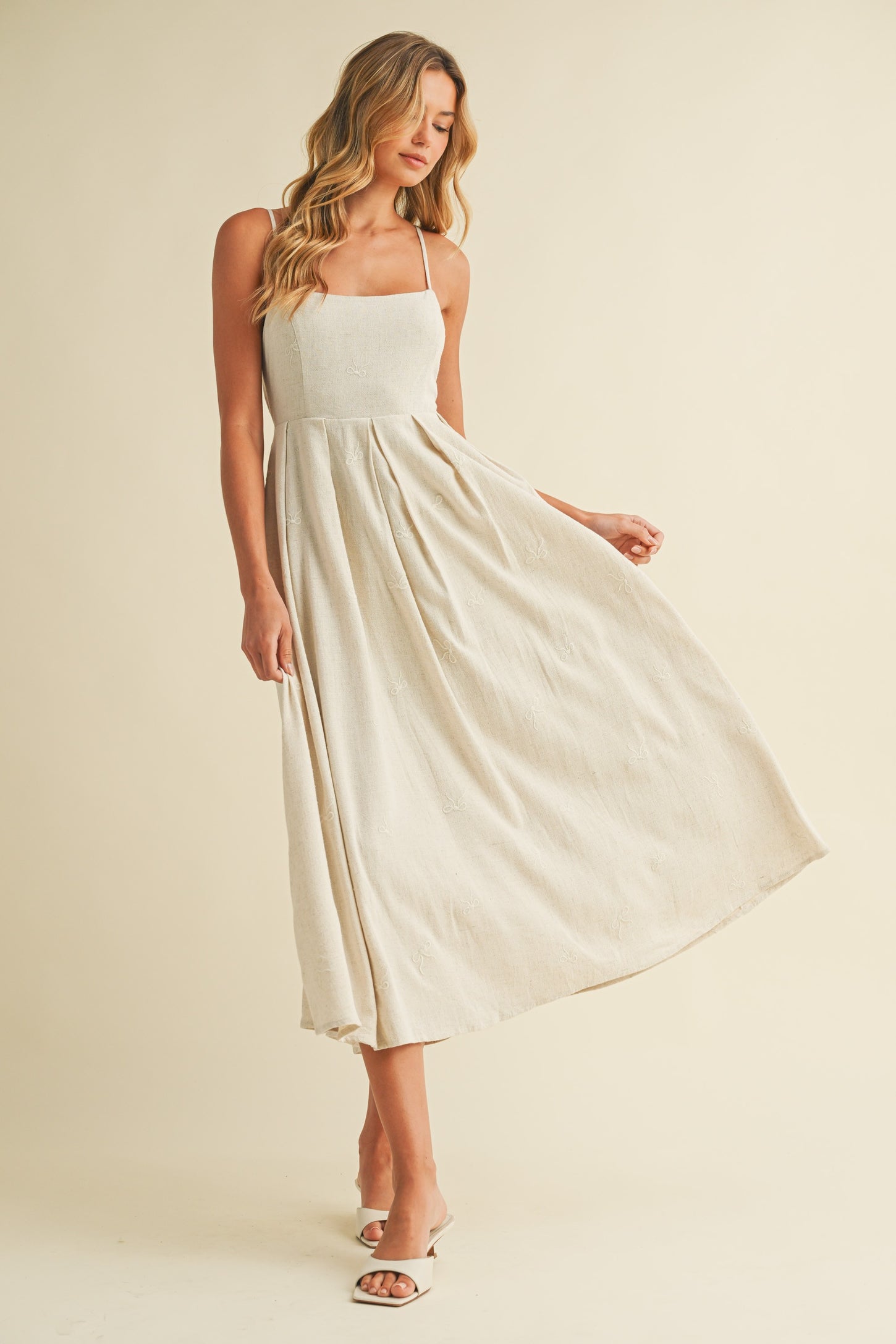 beige linen dress Beige Linen Ribbon Pattern Embroidered Midi Dress
