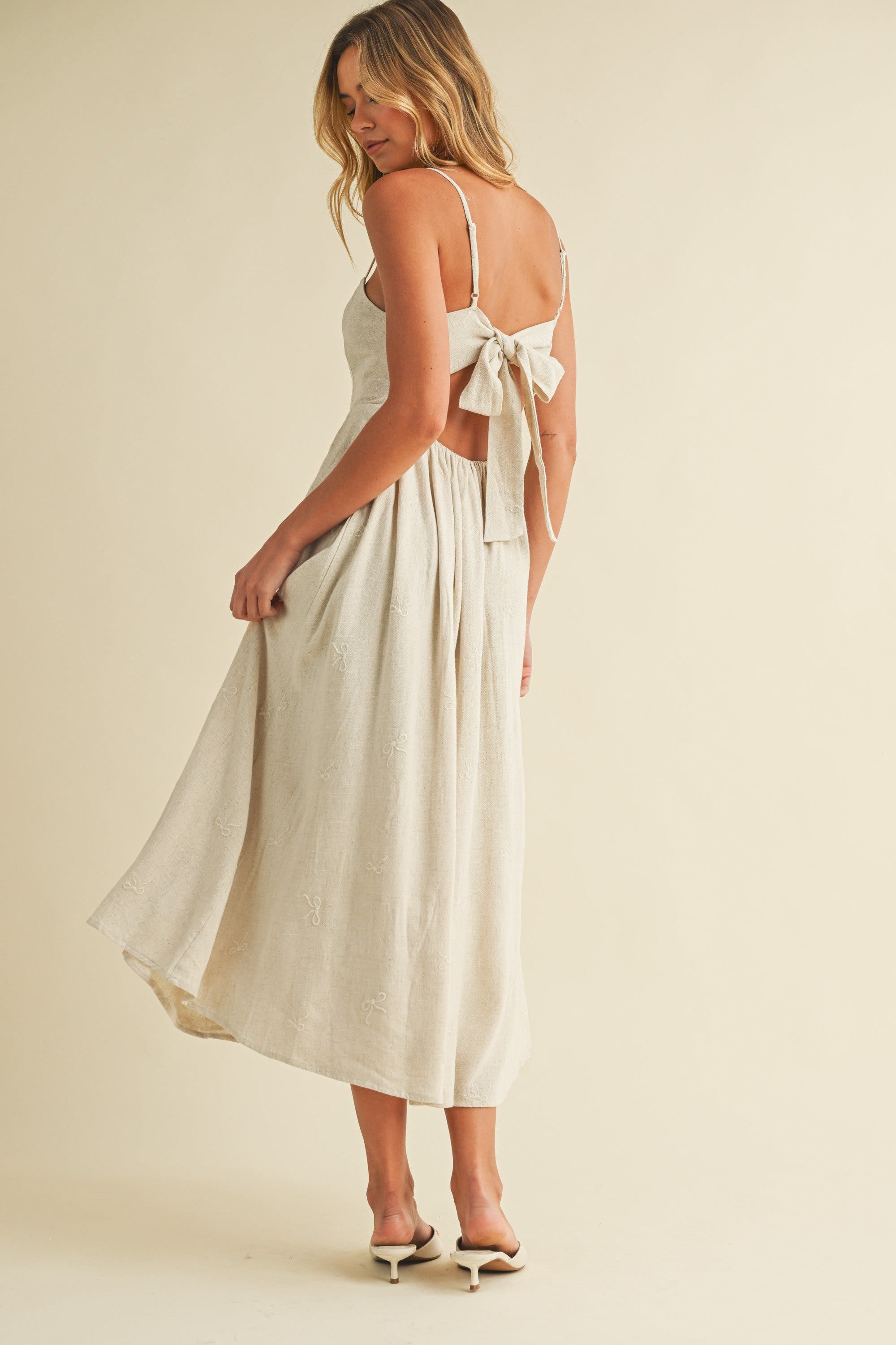 Beige Linen Ribbon Pattern Embroidered Midi Dress – PinkBlush