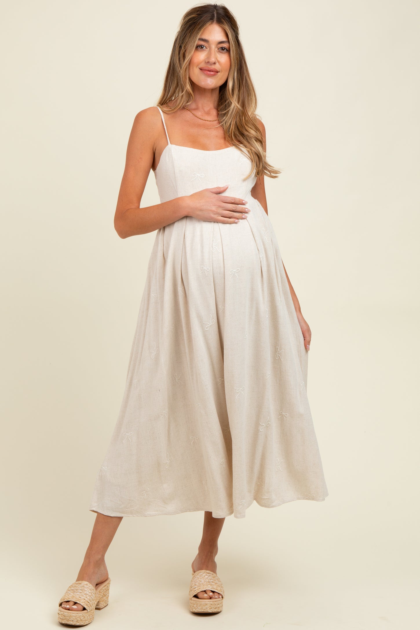 Beige Linen Ribbon Pattern Embroidered Maternity Midi Dress PinkBlush Beige Linen Ribbon Pattern Embroidered Maternity Midi Dress PinkBlush