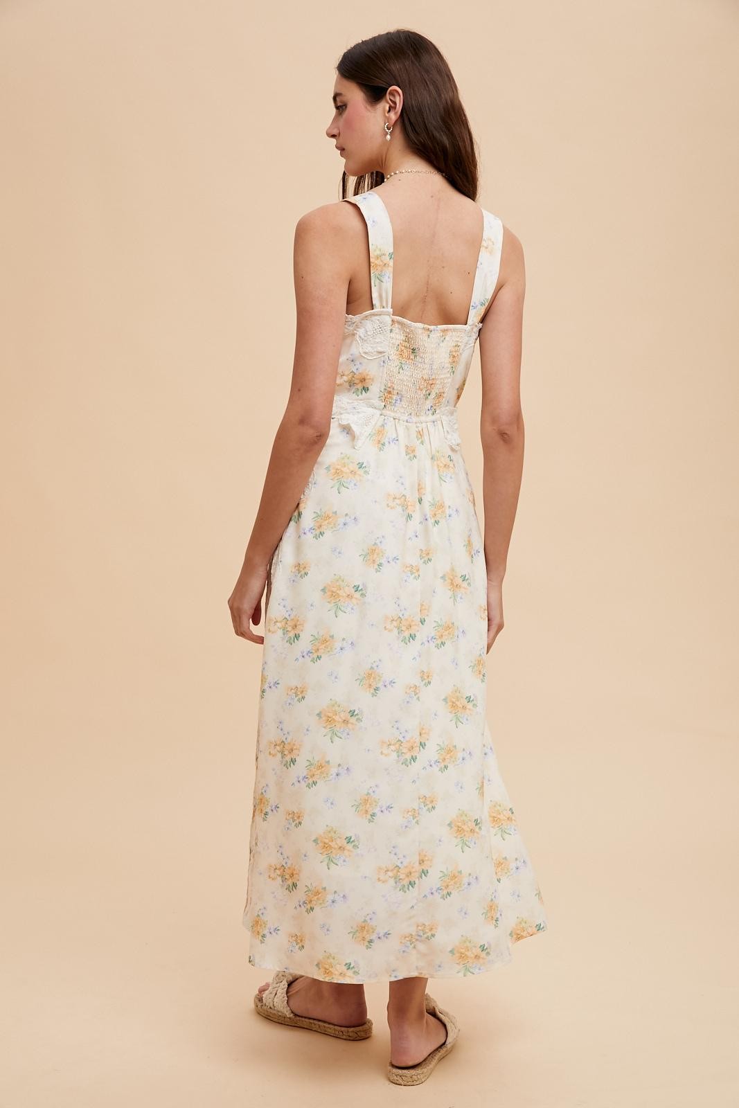 Yellow Floral Lace Overlay Maxi Dress