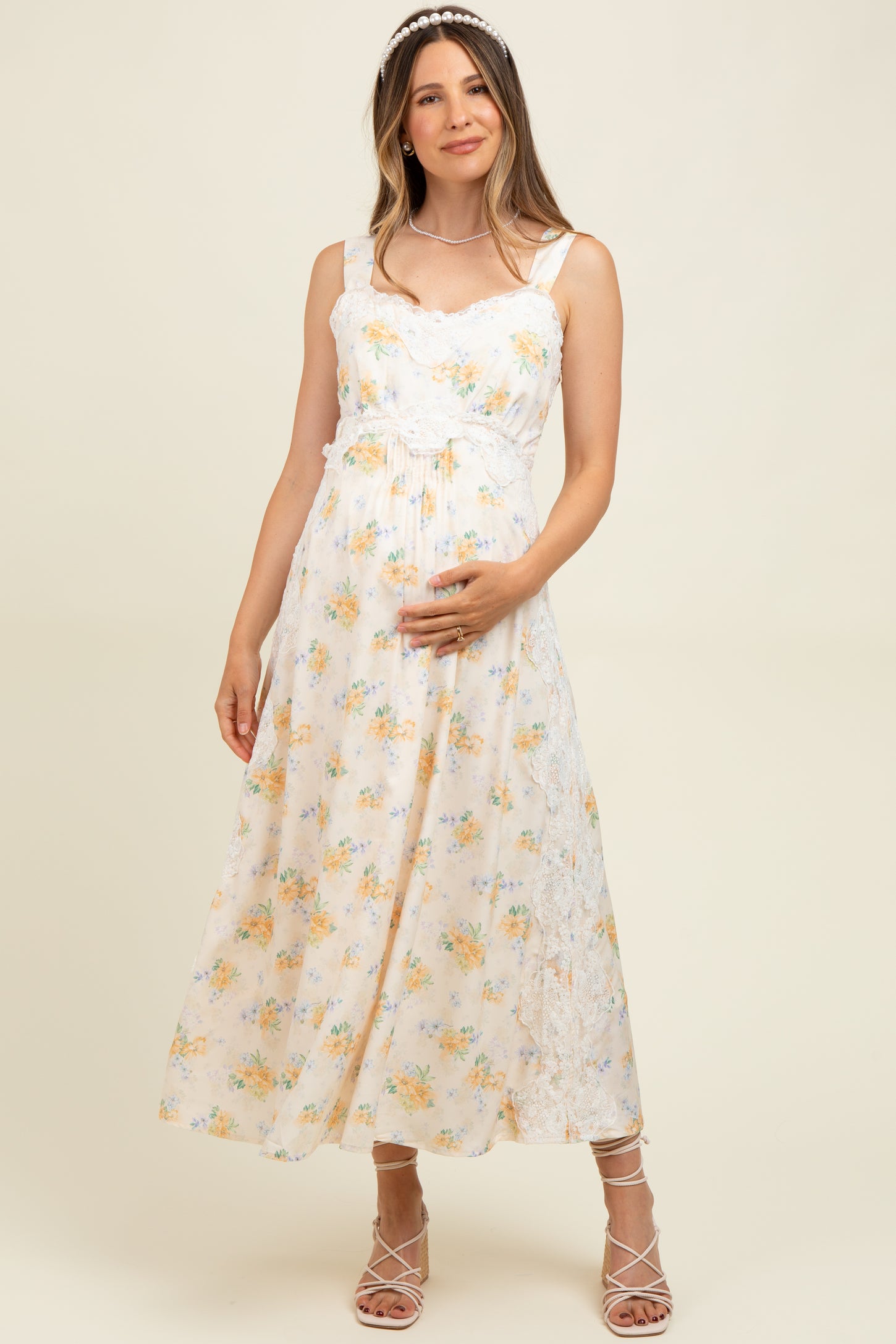 Yellow Floral Lace Overlay Maternity Maxi Dress