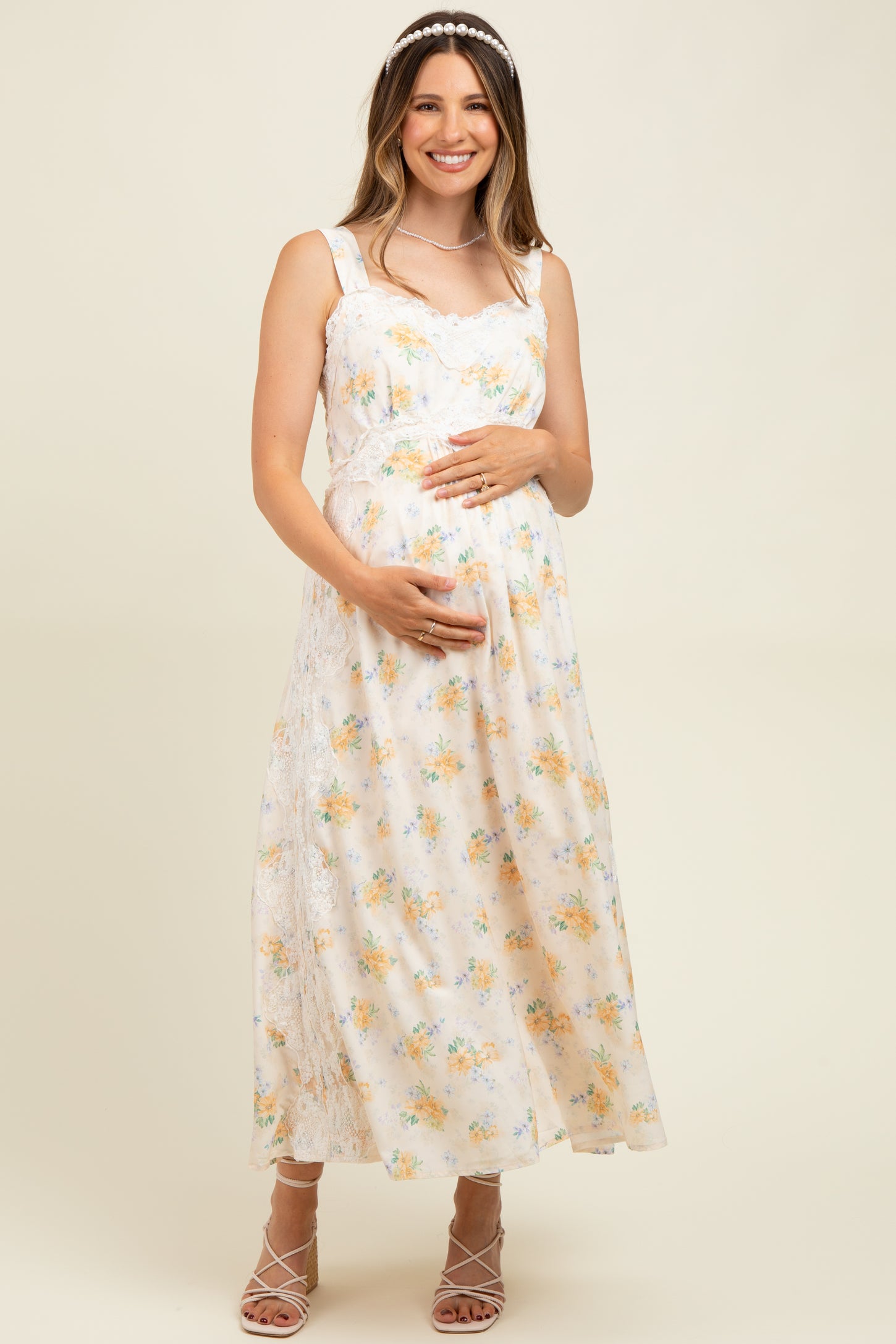 Yellow Floral Lace Overlay Maternity Maxi Dress