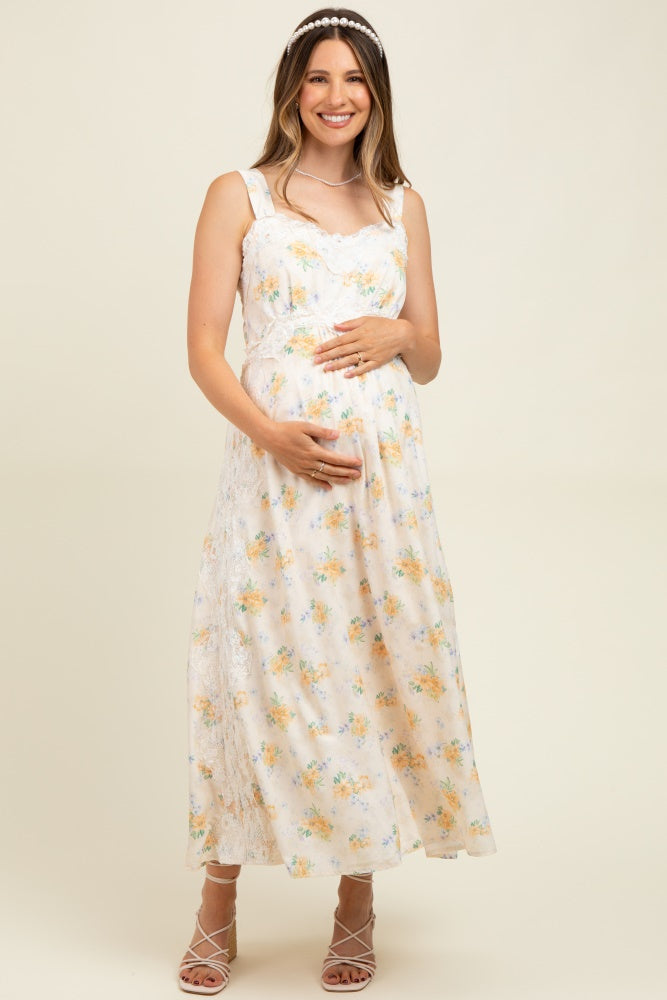 Yellow Floral Lace Overlay Maternity Maxi Dress