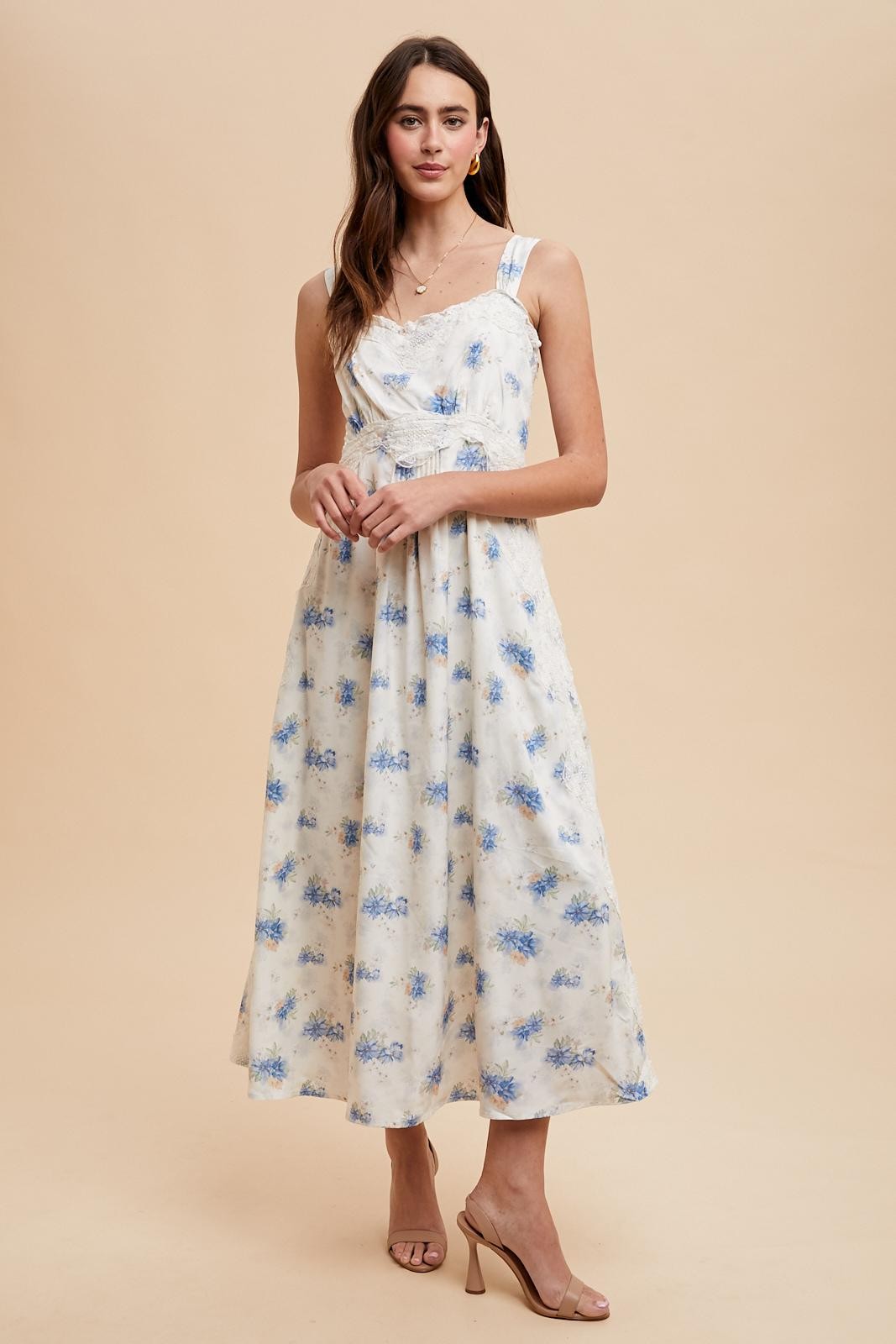 Blue Floral Lace Overlay Maxi Dress