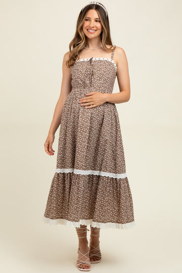 Mocha Mousse Lace Overlay Maternity Maxi Dress