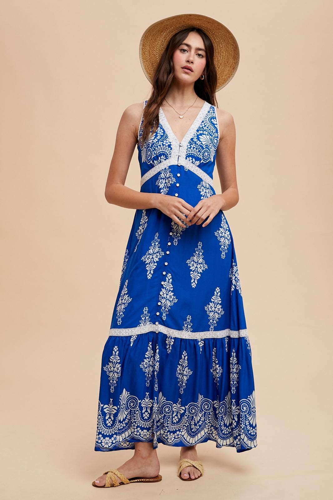 Royal Blue Border Print Resort Maxi Dress