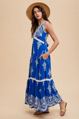 Royal Blue Border Print Resort Maxi Dress