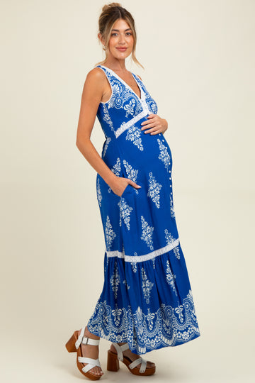 Royal Blue Border Print Resort Maternity Maxi Dress