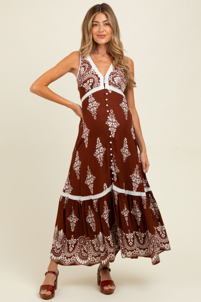 Brown Border Print Resort Maternity Maxi Dress