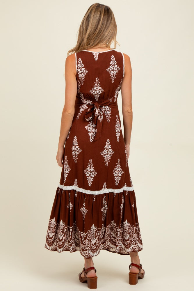Brown Border Print Resort Maternity Maxi Dress