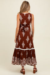 Brown Border Print Resort Maternity Maxi Dress