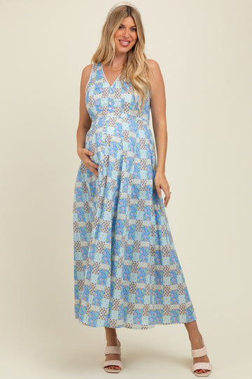 Light Blue Multi Cotton Patchwork Print Button Down Maternity Maxi