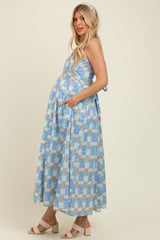 Light Blue Multi Cotton Patchwork Print Button Down Maternity Maxi