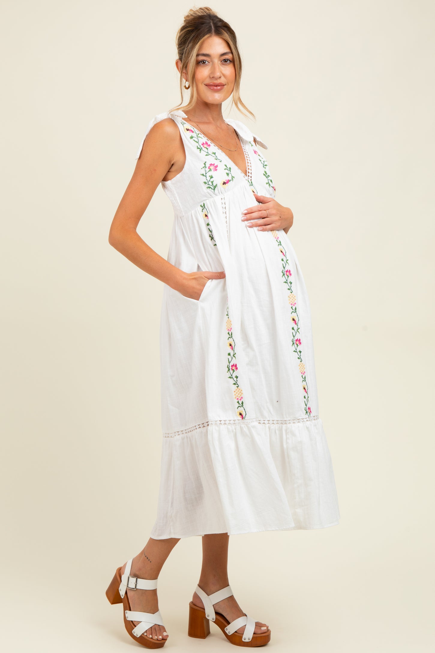 Ivory Embroidered Cotton Summer Maternity Maxi Dress