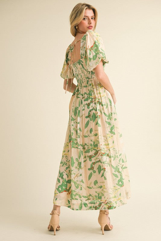 Green Print Puff Sleeve Square Neck Maxi Dress