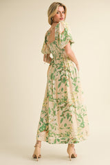 Green Print Puff Sleeve Square Neck Maxi Dress