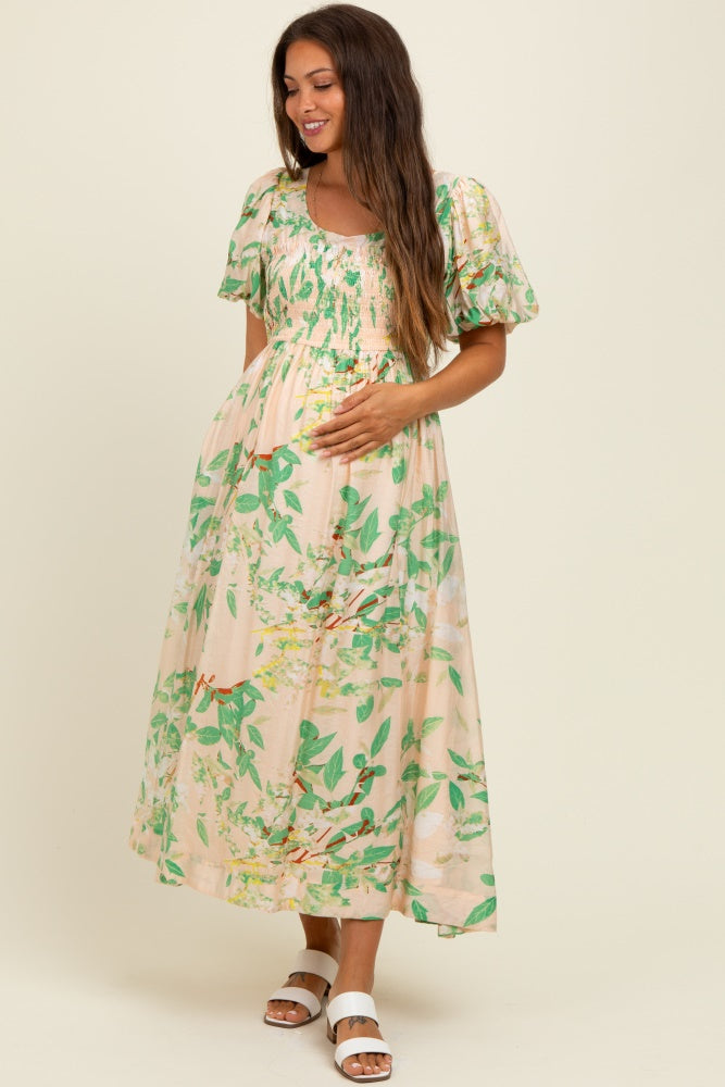 Green Print Puff Sleeve Square Neck Maternity Maxi Dress