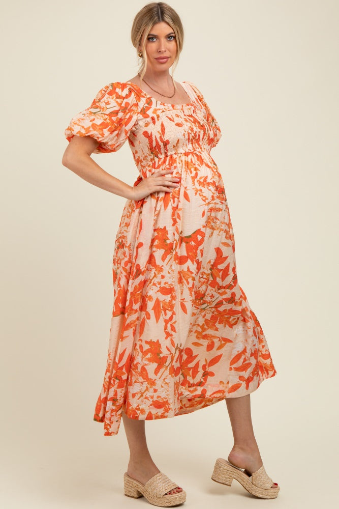 Orange Print Puff Sleeve Square Neck Maternity Maxi Dress