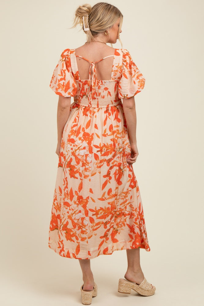 Orange Print Puff Sleeve Square Neck Maternity Maxi Dress