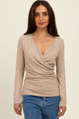 Beige Brushed Wrap Front Maternity Top
