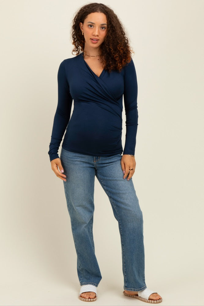 Navy Long Sleeve Wrap Front Maternity Nursing Top