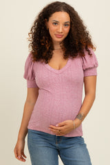 Mauve Textured Short Puff Sleeve Maternity Top