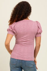 Mauve Textured Short Puff Sleeve Maternity Top