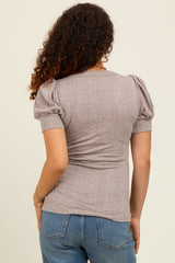 Mocha Textured Short Puff Sleeve Maternity Top