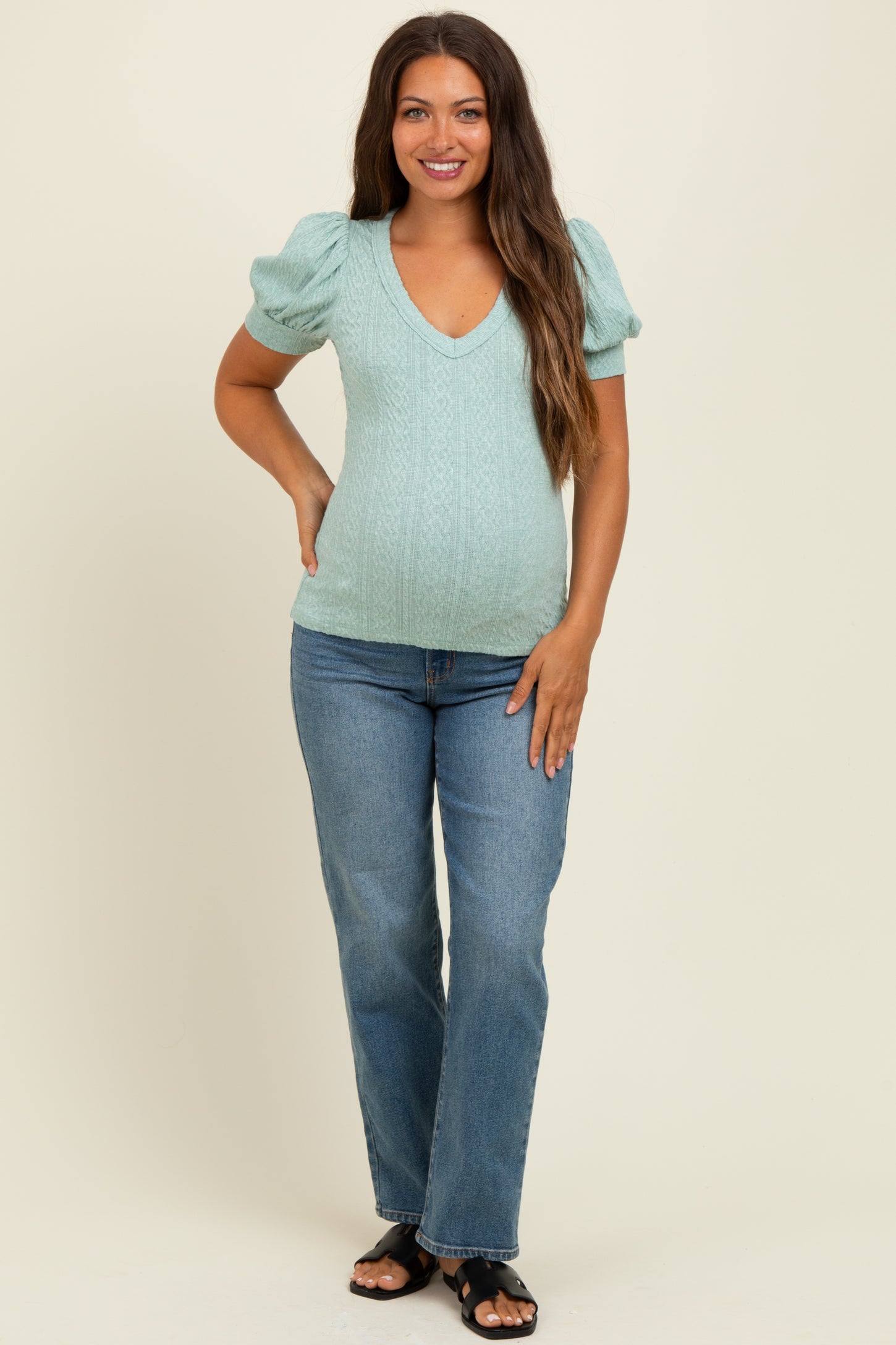 Sage Textured Short Puff Sleeve Maternity Top