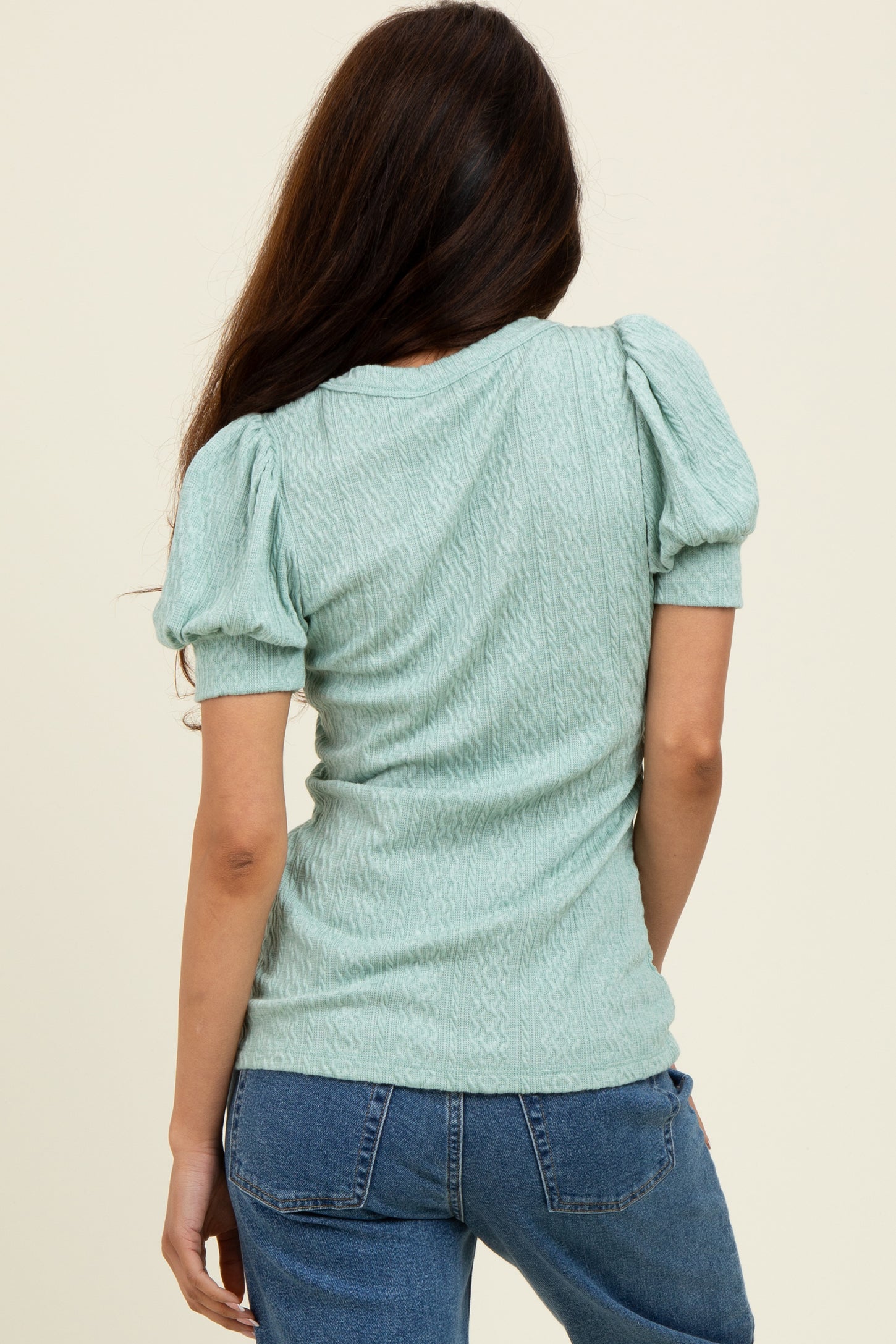 Sage Textured Short Puff Sleeve Top