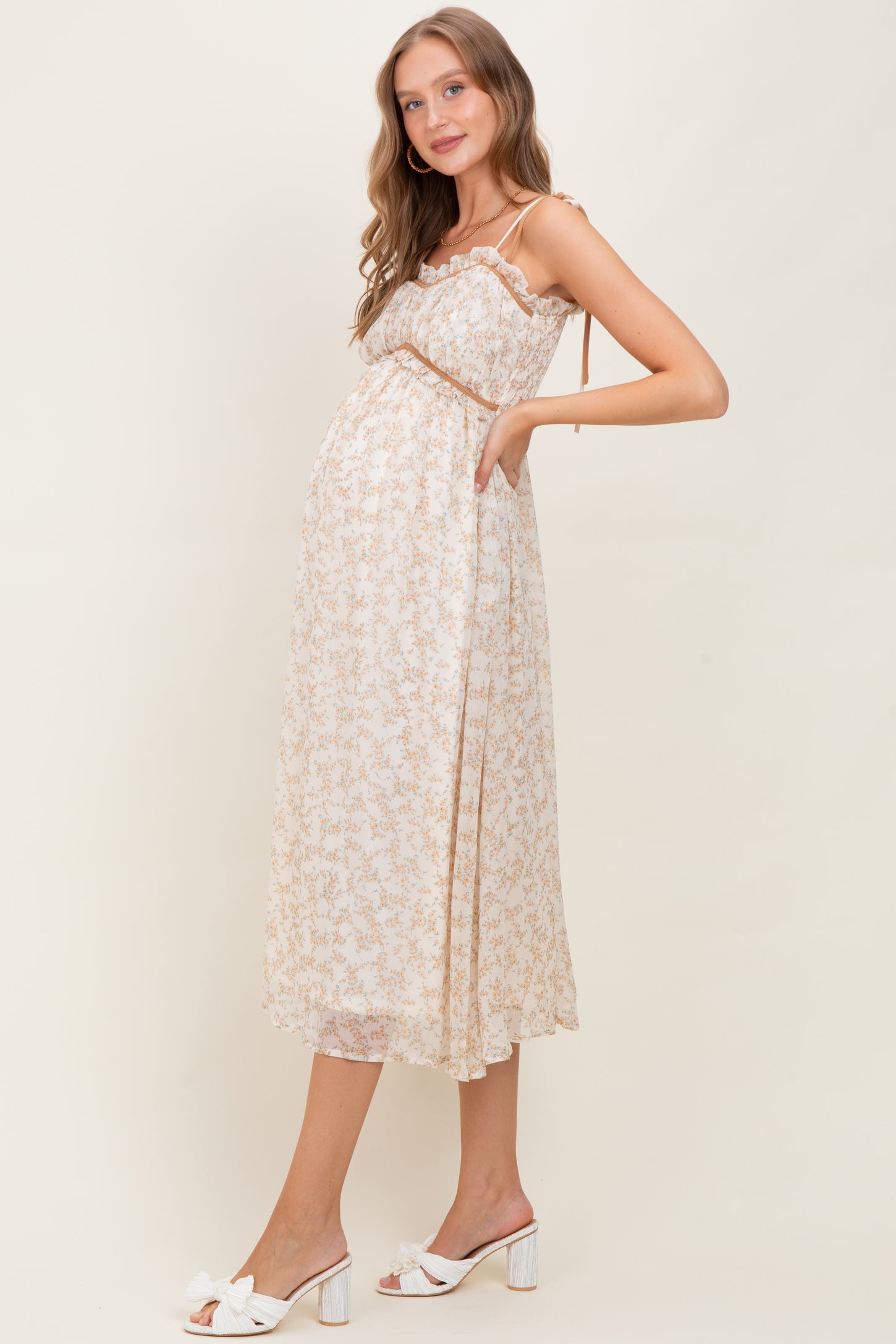 Yellow Garden Floral Printed Smocking Maternity Maxi Dress