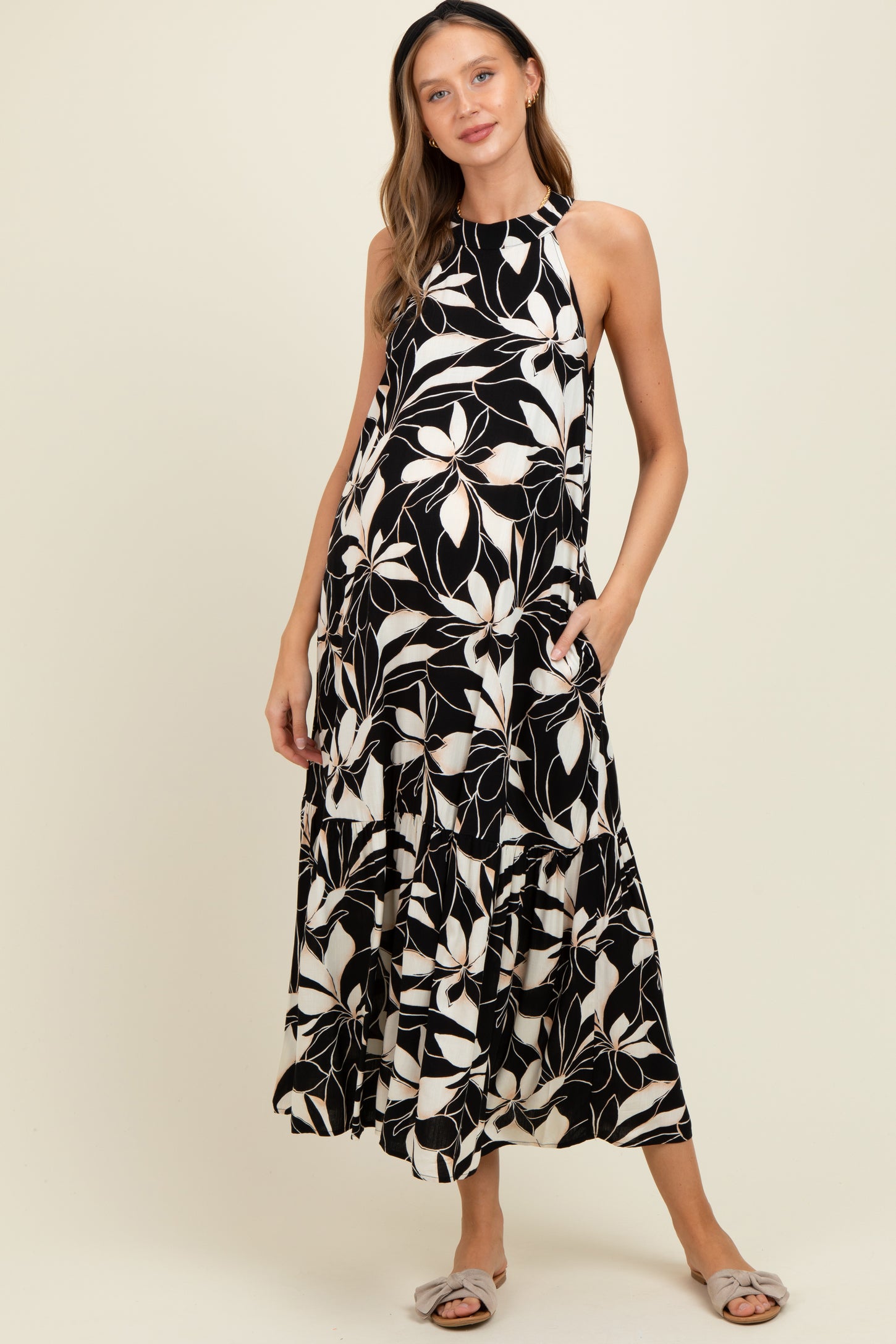 Black/Beige Print Halter Neck Tiered Maternity Maxi Dress