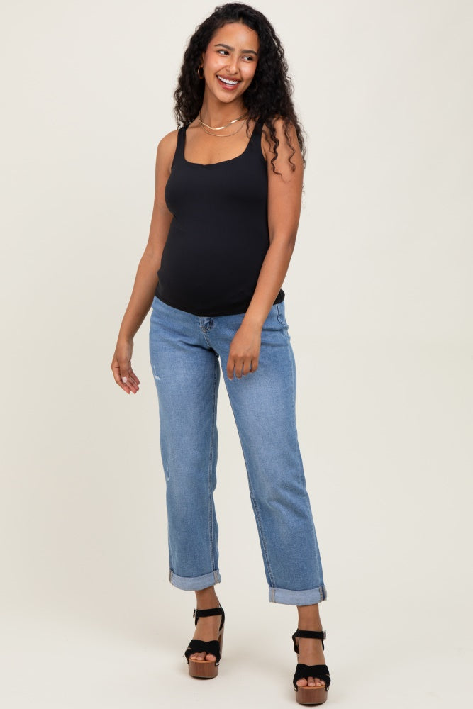 Blue High Rise Cuffed Boyfriend Maternity Jeans