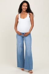 Medium Blue High Rise Frayed Hem Wide Leg Maternity Jeans