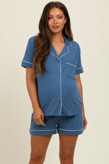 Dusty Blue Short Sleeve Button Down Shirt Shorts Maternity Set