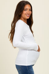 Off White Ribbed Knit Button Long Sleeve Maternity Top