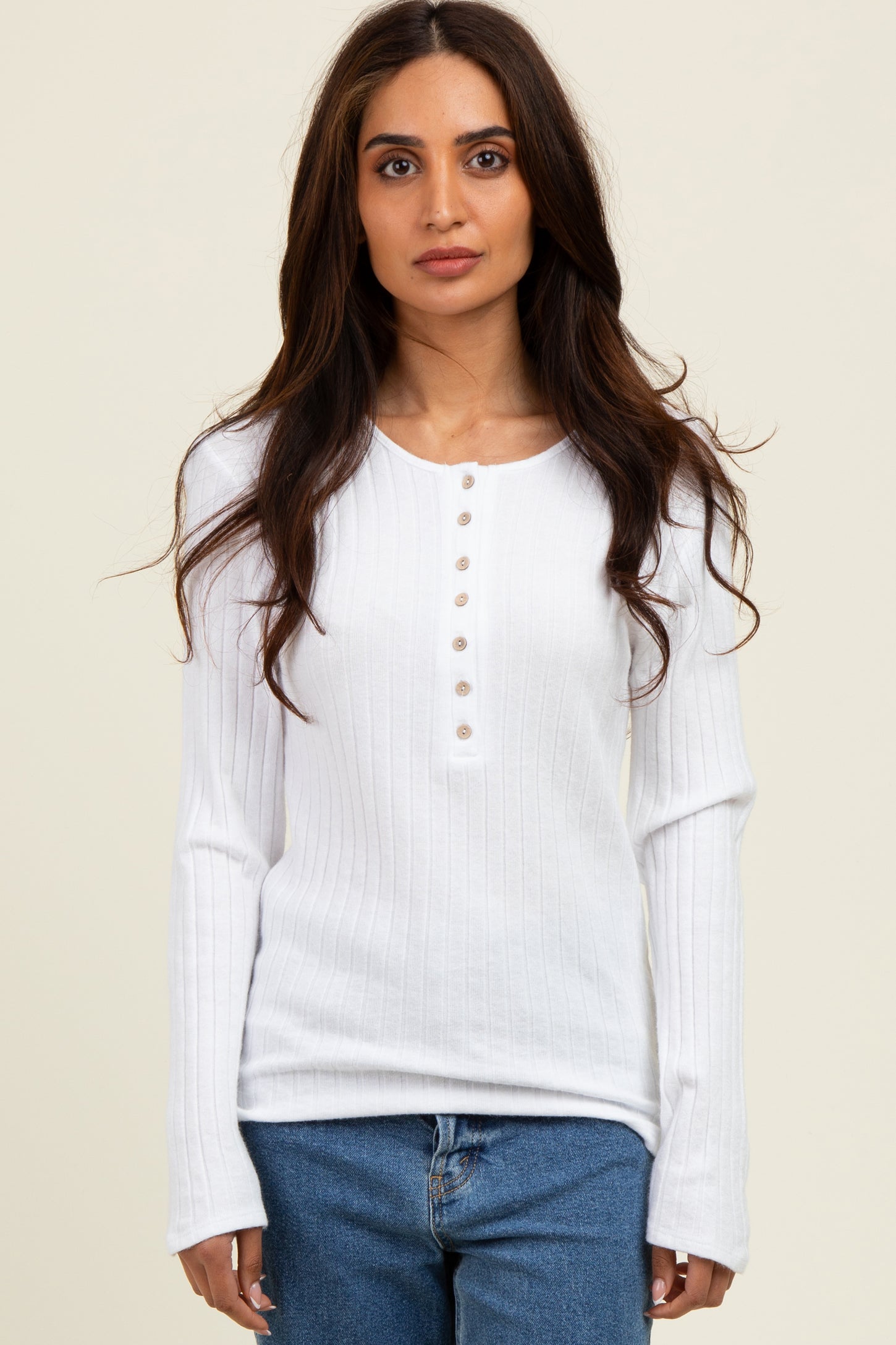 Off White Ribbed Knit Button Long Sleeve Maternity Top