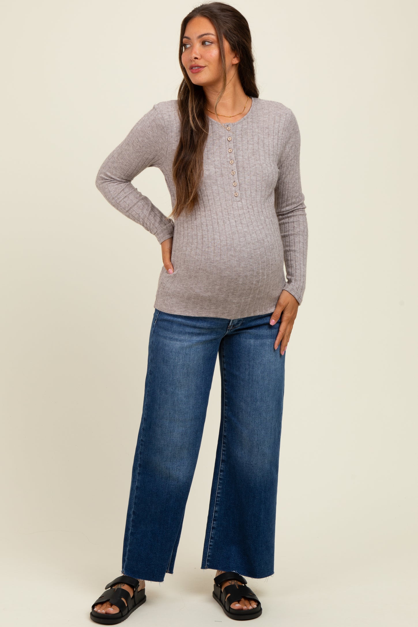 Light Brown Ribbed Knit Button Long Sleeve Maternity Top
