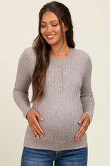 Light Brown Ribbed Knit Button Long Sleeve Maternity Top