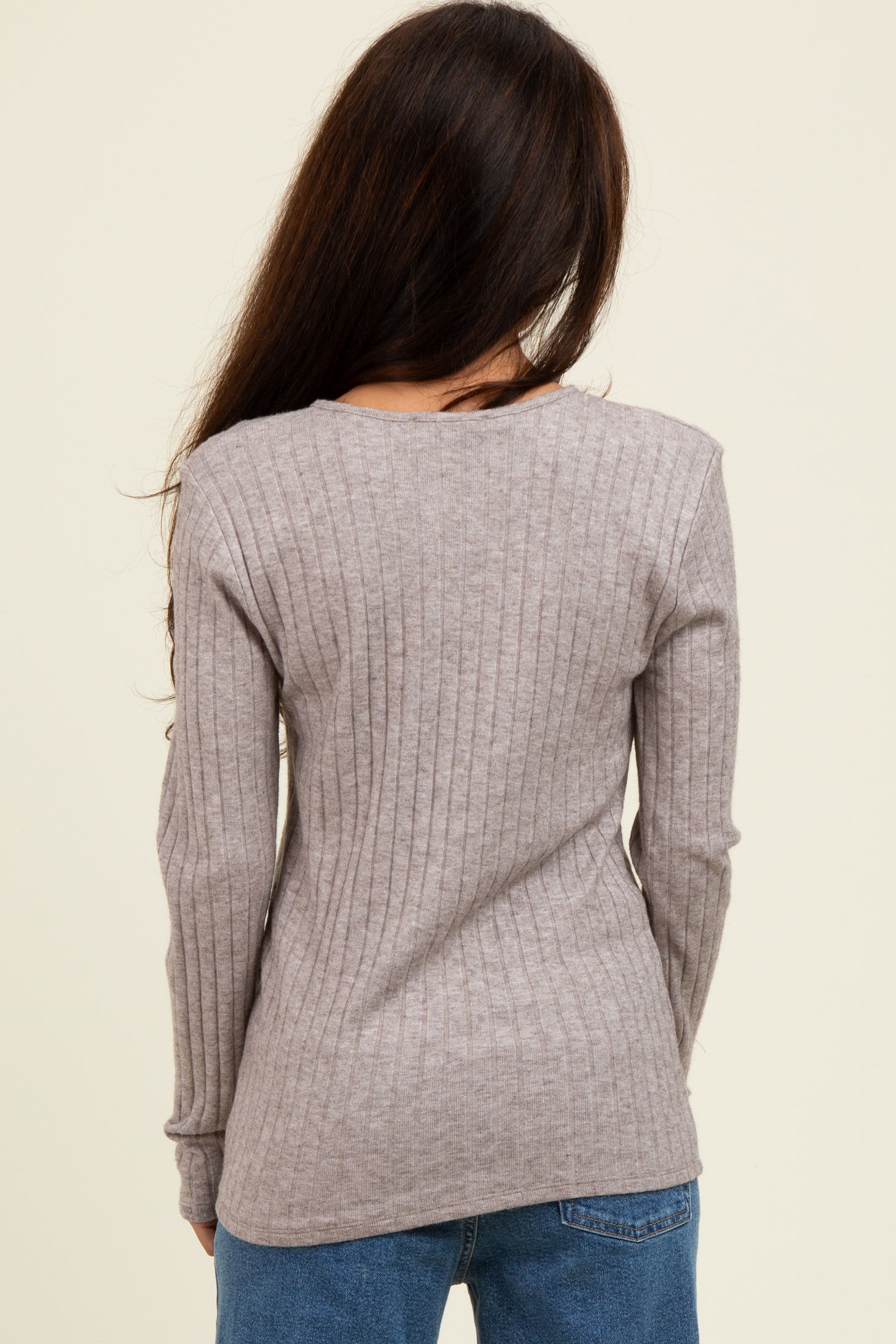Light Brown Ribbed Knit Button Long Sleeve Top