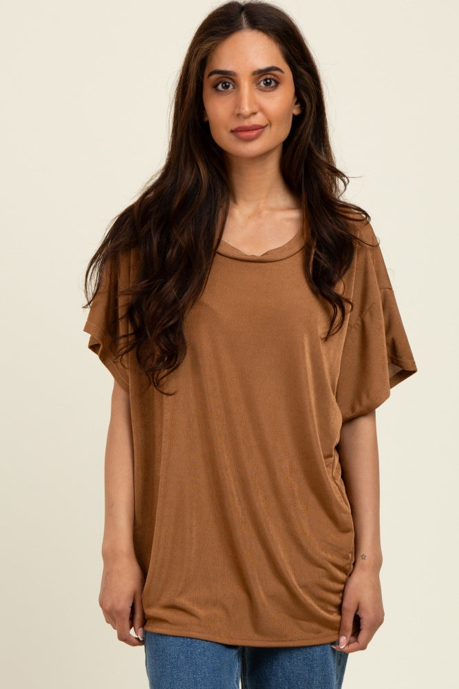 Camel Relaxed Fit Round Neck Cap Sleeves Maternity Top