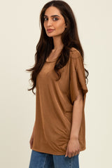 Camel Relaxed Fit Round Neck Cap Sleeves Top