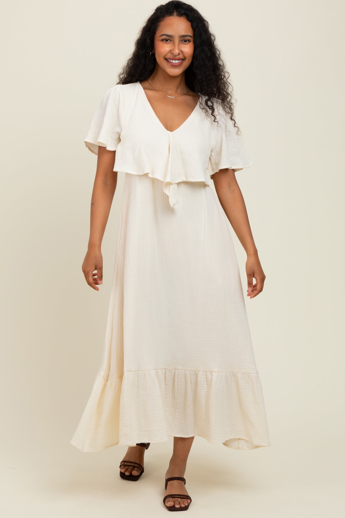 Cream Bust Knot Cotton Gauze Maternity Midi Dress Cream Bust Knot Cotton Gauze Maternity Midi Dress